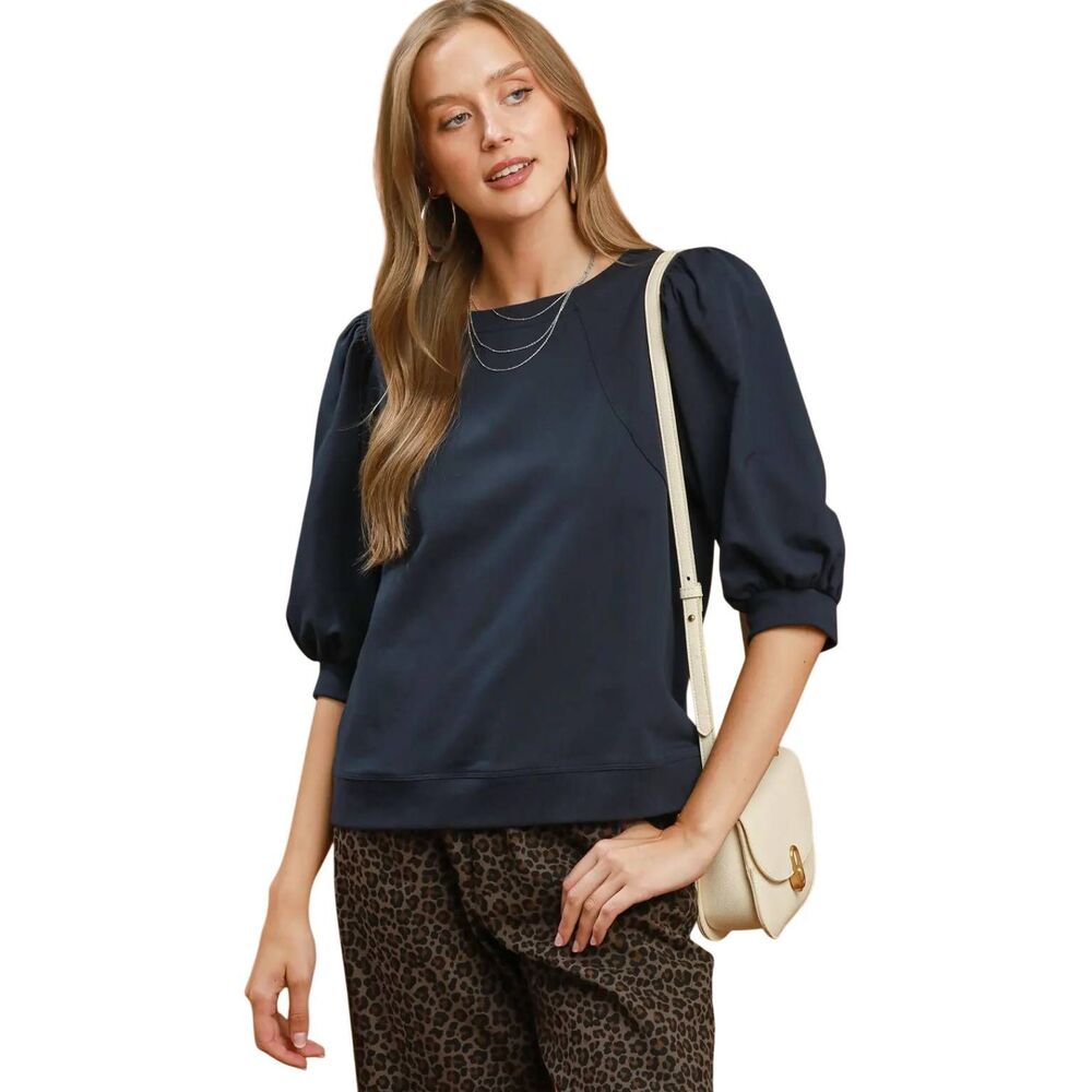 Umgee Navy Puff Sleeve Cozy Round Neck Sweatshirt sz Small 2/4